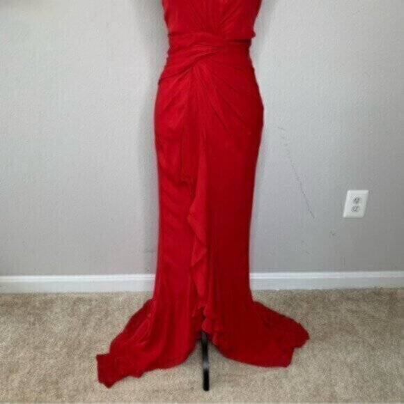 Vintage Red Halter Plunged Neckline Gown with Elegant Ruffle Detail Maxi Dress - Picture 3 of 12